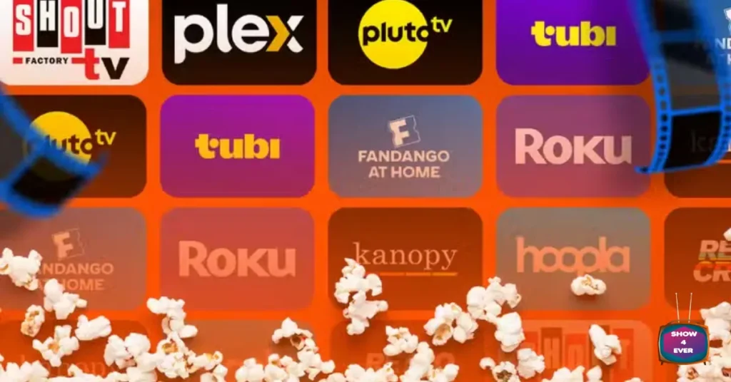 Popcorn scattered in front of a screen showing free streaming app icons including Pluto TV, Tubi, Plex, and Roku