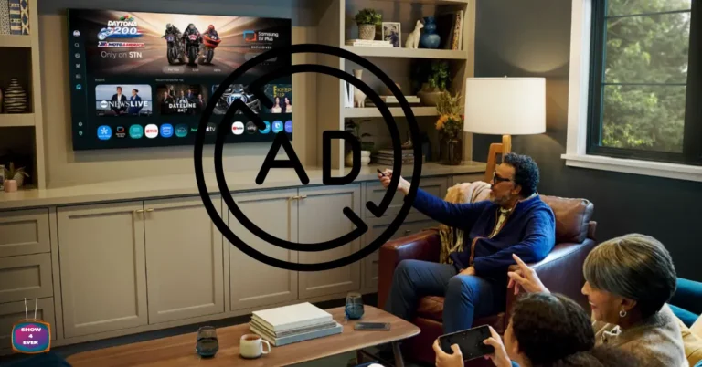 Streaming TV ads on a smart TV home screen in a living room